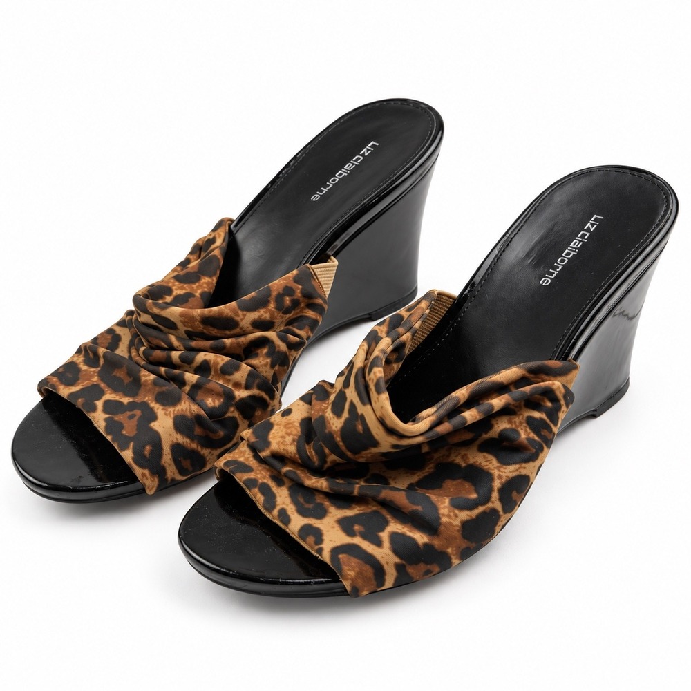 Liz Claiborne Vintage Y2K Leopard Print Ruched Wedge Sandals Women's Size 7